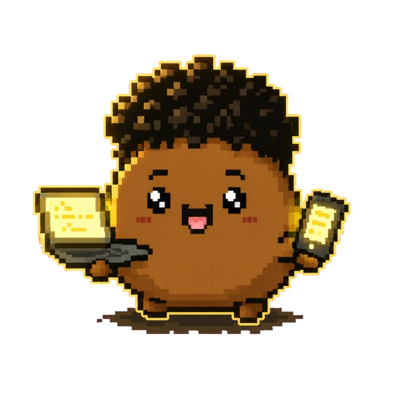 Edmond's pixel-art mascot: a cheerful developer holding a glowing laptop and phone